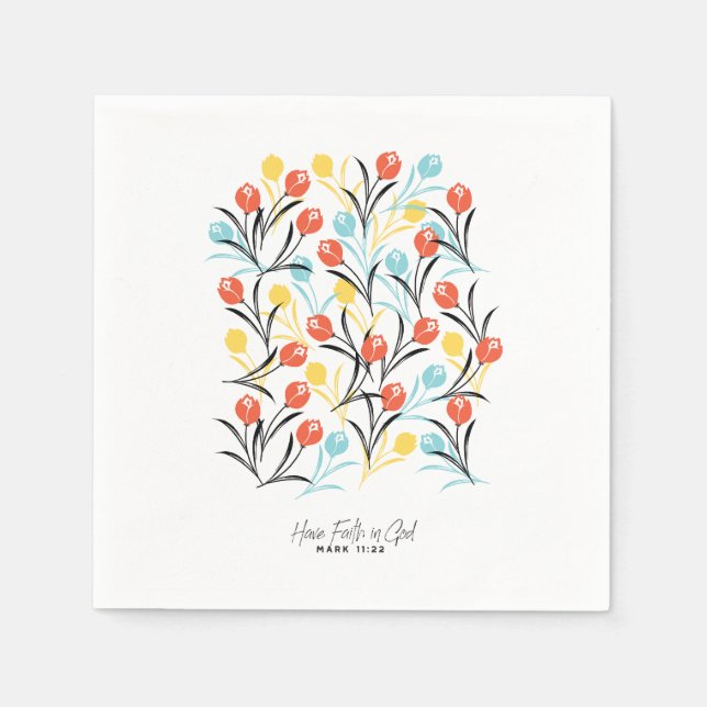 Vibrant Tulip Pattern Floral Design on White Napkins (Front)