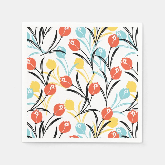 Vibrant Tulip Pattern Floral Design on White Napkins (Front)