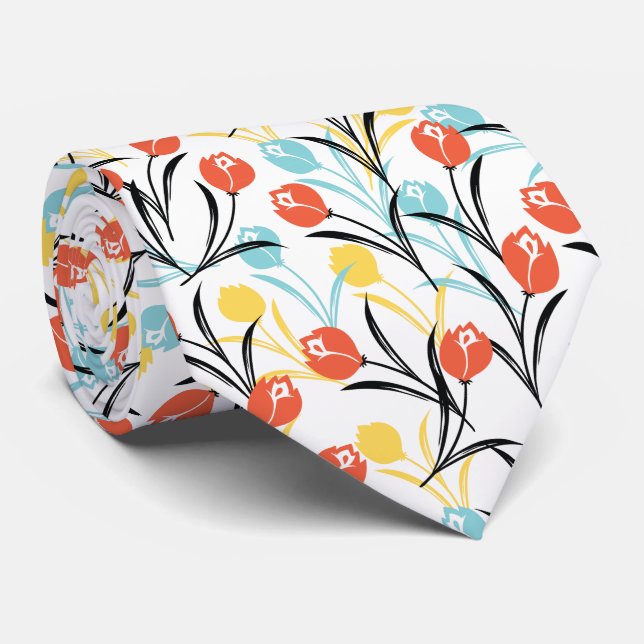 Vibrant Tulip Pattern Floral Design on White Neck Tie (Rolled)