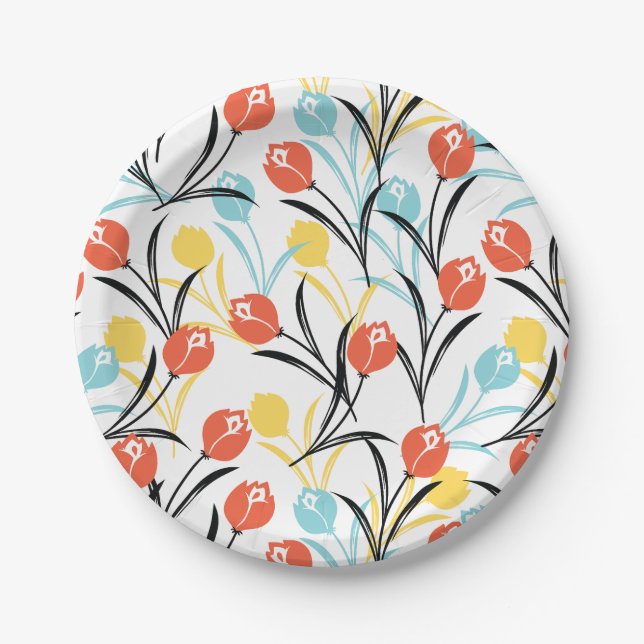 Vibrant Tulip Pattern Floral Design on White Paper Plates (Front)