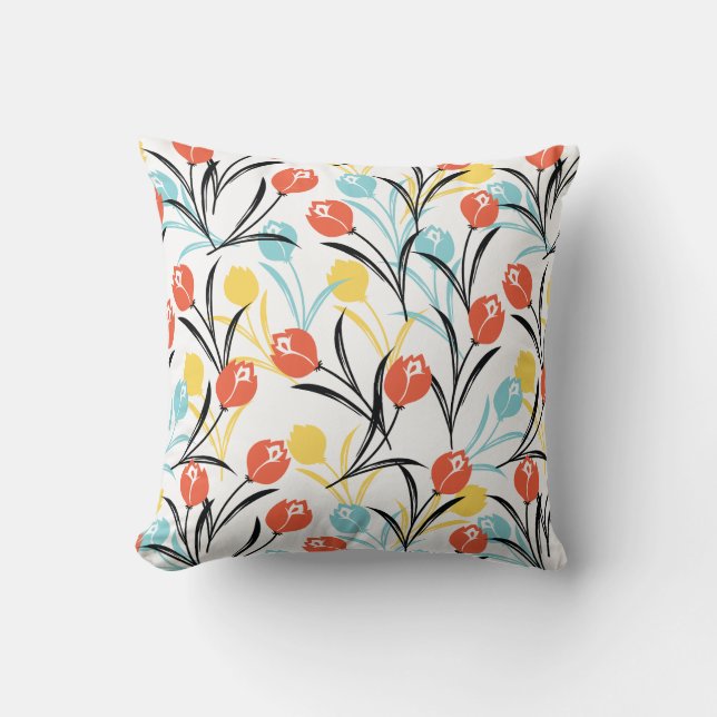Vibrant Tulip Pattern Floral Design on White Throw Pillow (Front)