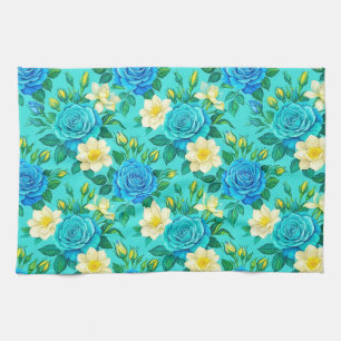 Vibrant Turquoise and Blue Rose Kitchen Towel
