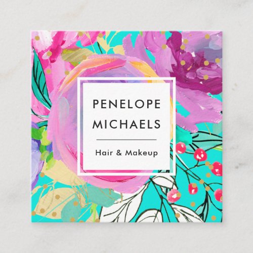 Vibrant Turquoise and Purple Watercolor Floral Square Business Card
