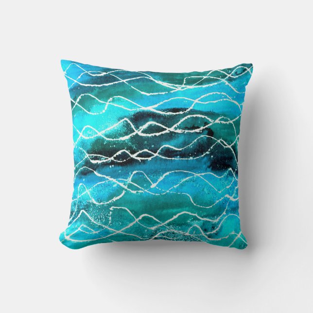 Vibrant Turquoise, Black, White Abstract Design Throw Pillow (Front)