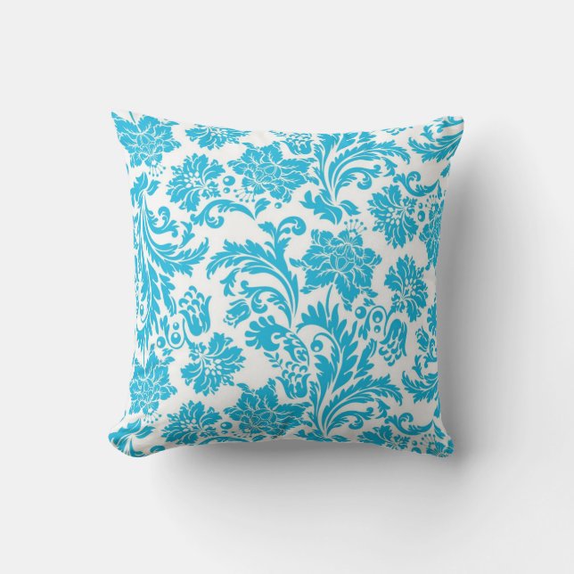 Vibrant Turquoise Damask Throw Pillow (Front)