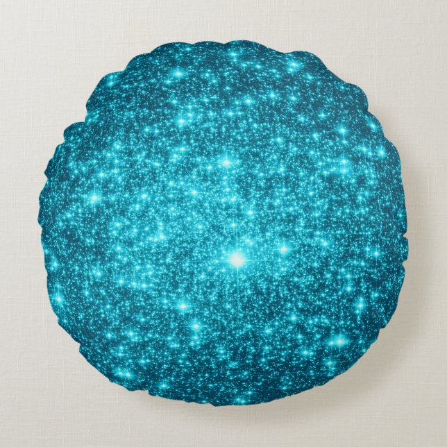 Vibrant Turquoise Sparkle Stars Round Pillow (Front)