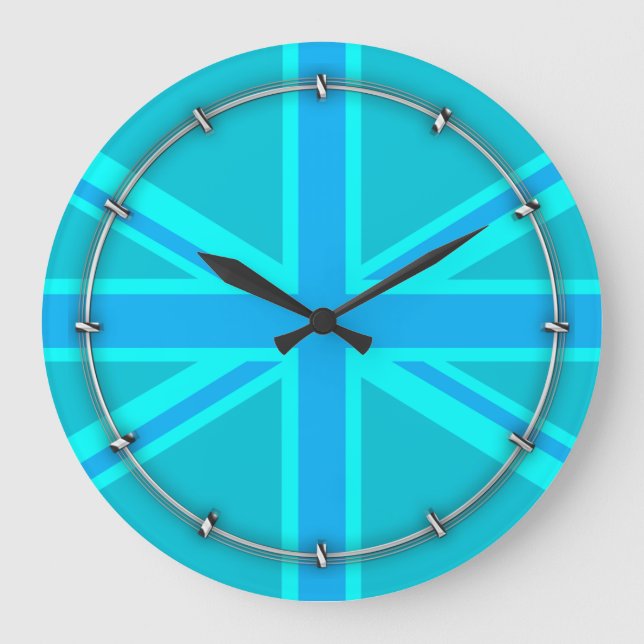 Vibrant Turquoise Union Jack British Flag Large Clock (Front)