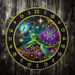 Vibrant Turtle Butterfly Lodge Wall Decor Dart Board<br><div class="desc">Add personality to your fishing lodge or man cave with this vibrant turtle and butterfly artwork. The turtle, with its stained-glass-inspired shell, and the butterfly, with shimmering teal and gold wings, are set against a cosmic background full of glowing stars and golden floral details. This piece is a perfect balance...</div>