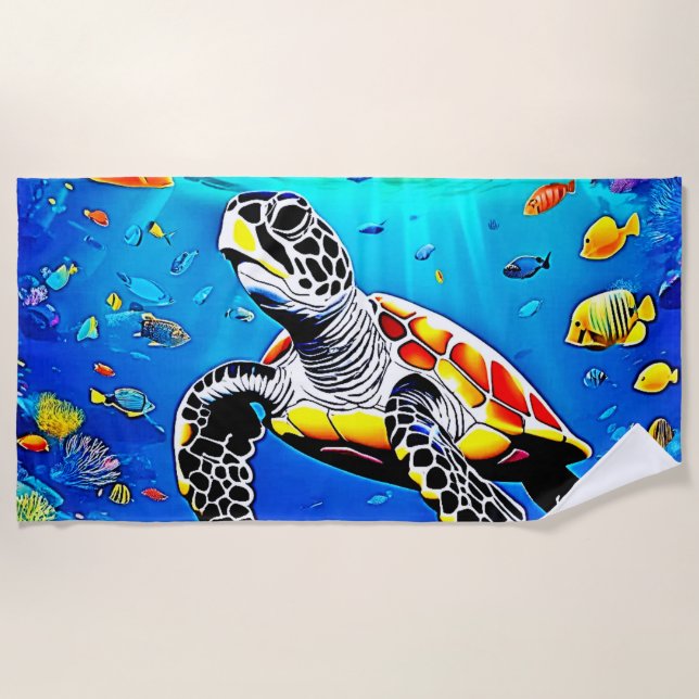 Vibrant Turtle Reef Life Beach Towel (Front)