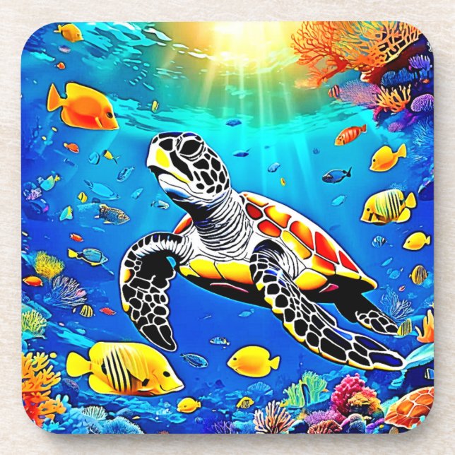Vibrant Turtle Reef Life Beverage Coaster (Front)