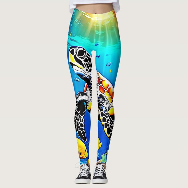 Vibrant Turtle Reef Life Leggings (Front)