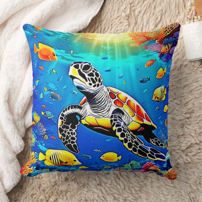 Vibrant Turtle Reef Life Throw Pillow (Blanket)