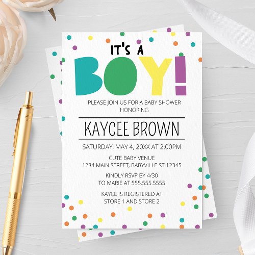 Vibrant Typography Its a Boy Baby Shower Invitation