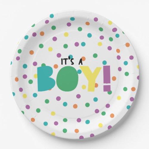 Vibrant Typography Its A Boy Baby Shower Plate