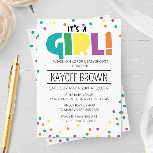 Vibrant Typography Its a Girl Baby Shower Invitation
