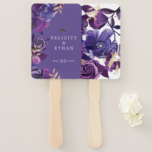 Vibrant Ultra Violet Floral  Gold Wedding Hand Fan