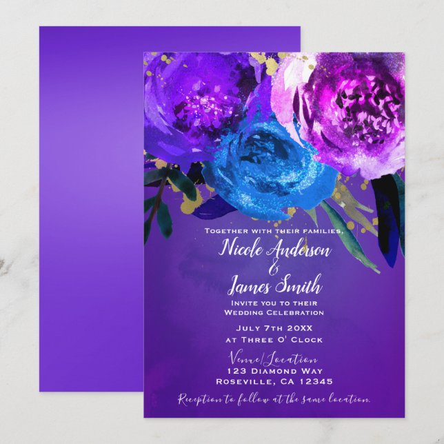 Vibrant Ultra Violet Purple Floral Fantasy Wedding Invitation (Front/Back)