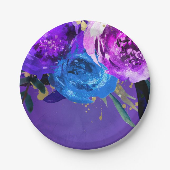 Vibrant Ultra Violet Purple Floral Fantasy Wedding Paper Plates (Front)