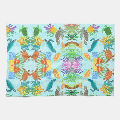 Vibrant underwater turtles and corals  kitchen towel