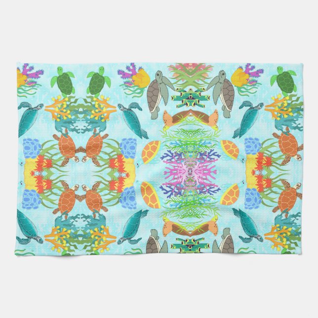 Vibrant underwater turtles and corals  kitchen towel (Horizontal)