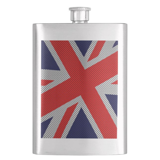 Vibrant Union Jack on Carbon Fiber Style Print Hip Flask (Front)