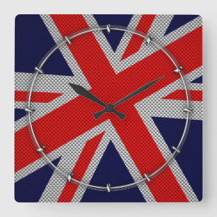 Vibrant Union Jack on Carbon Fiber Style Print Square Wall Clock