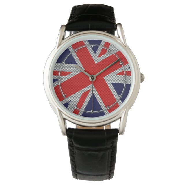 Vibrant Union Jack on Carbon Fiber Style Print Watch (Front)