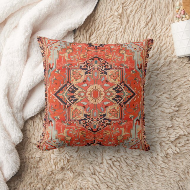 Vibrant Vibes  Orange Oriental Boho Moroccan Style Throw Pillow (Blanket)