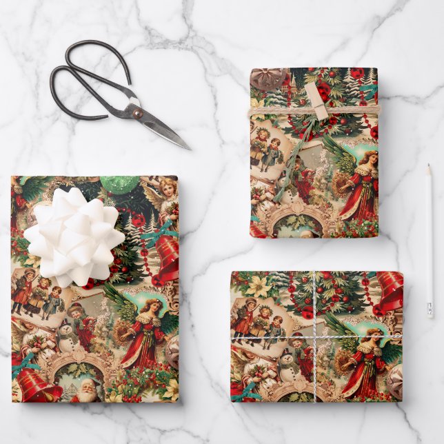 Vibrant Victorian Christmas Collage Wrapping Paper Sheets (Front)