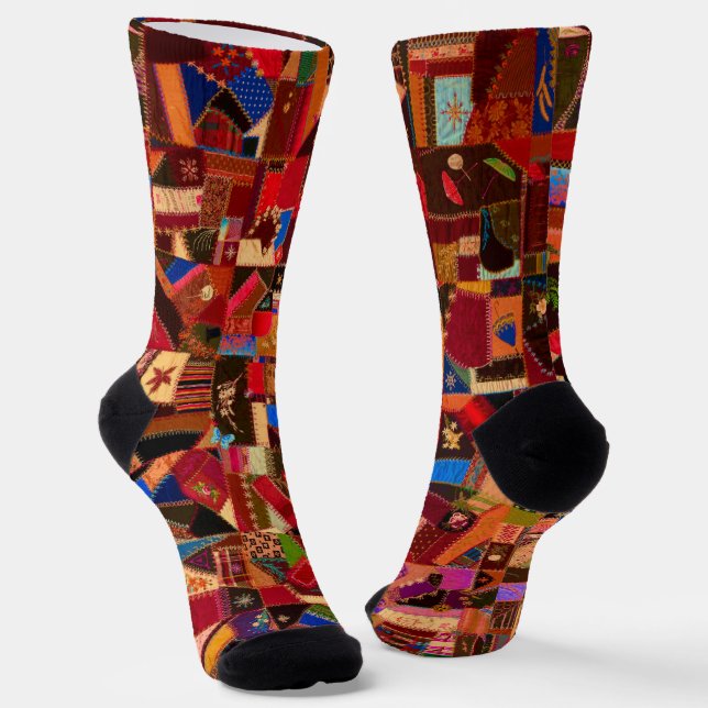 Vibrant Vintage Crazy Quilt Socks (Angled)