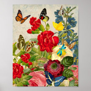 Vibrant Vintage Garden Flowers and Butterflies Poster