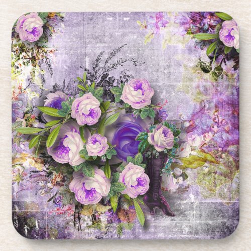 Vibrant Vintage Purple Roses green lavender 3D Beverage Coaster