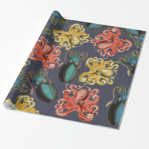 Vibrant Vintage Sea Creatures Octopus Squid Wrapping Paper