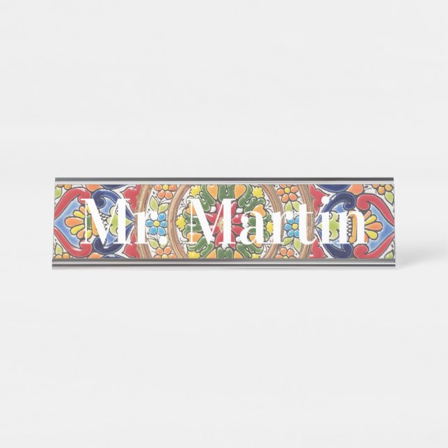 Vibrant Vintage Spanish Tile Desk Name Plate (Front)