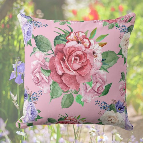 Vibrant Vintage Summer Red Roses Floral Pattern Throw Pillow