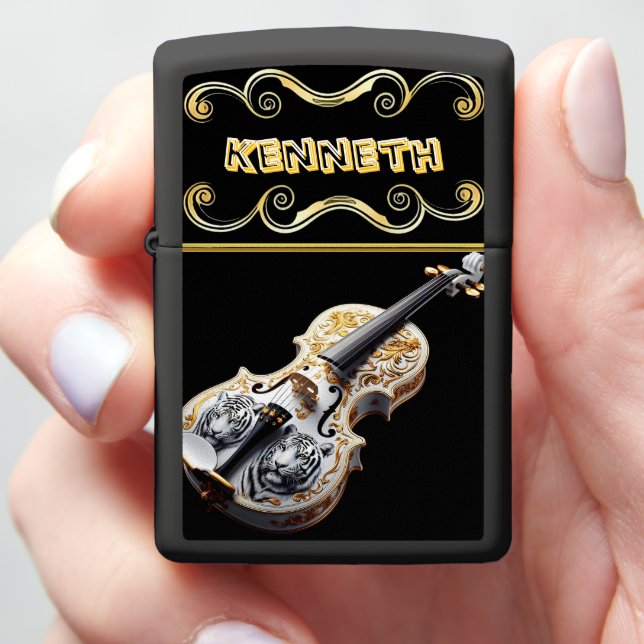 Vibrant Violin with Detailed Tiger Artwork Zippo Lighter (In Hand)
