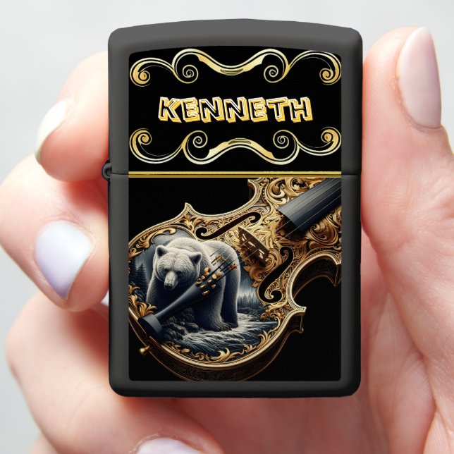 Vibrant Violin with Grizzly Bear Design Zippo Lighter (In Hand)