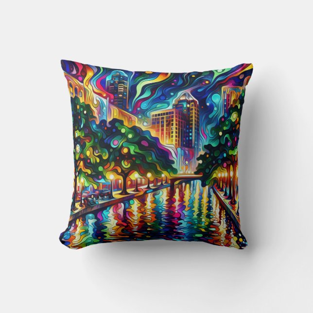 Vibrant Visions: Psychedelic San Antonio Riverwalk Throw Pillow (Front)