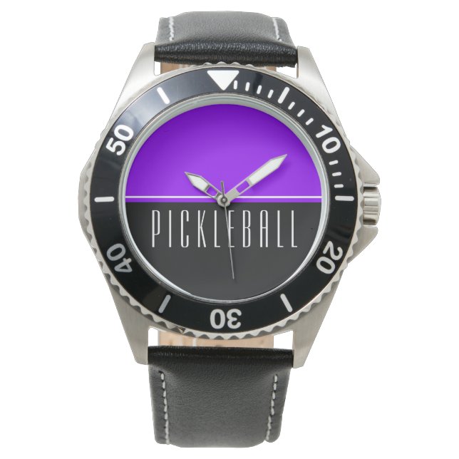 Vibrant Vivid Purple Black Halves PICKLEBALL Text  Watch (Front)