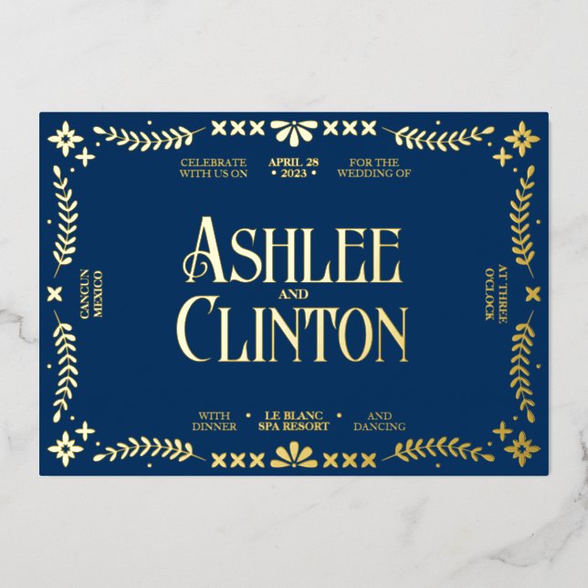 Vibrant Vows: A Spanish Folk Wedding Gold Foil Invitation (Front)