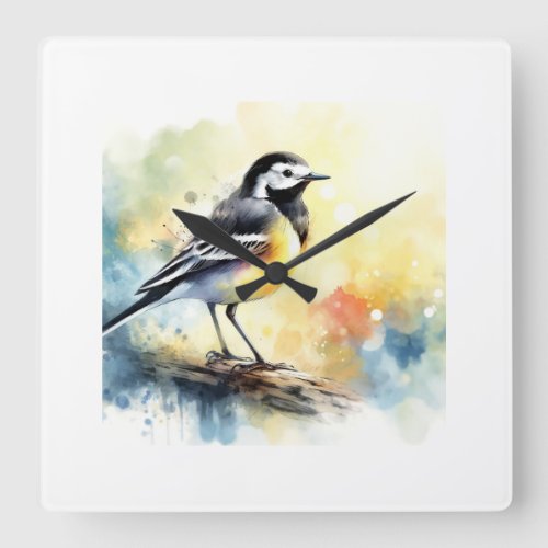 Vibrant Wagtail AREF579 _ Watercolor Square Wall Clock