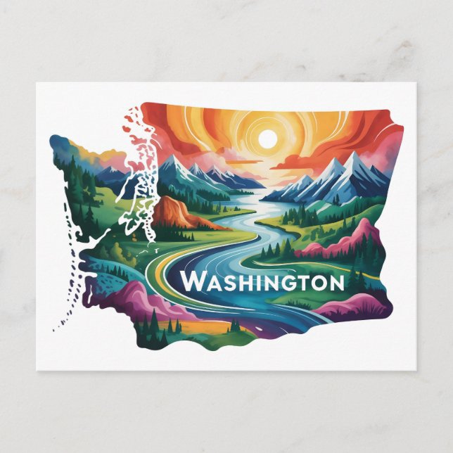 Vibrant Washington State Conceptual Map Art Postcard (Front)