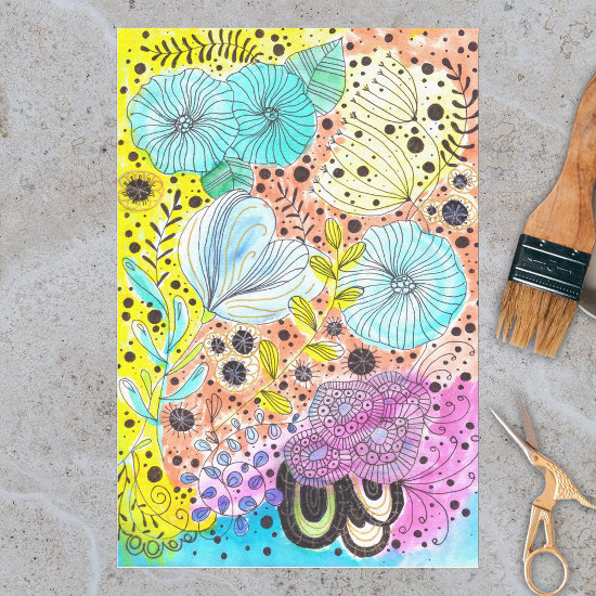 Vibrant Watercolor and Ink Doodle Blossoms