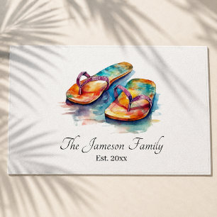 Vibrant Watercolor Beach Flip Flops Coastal Doormat