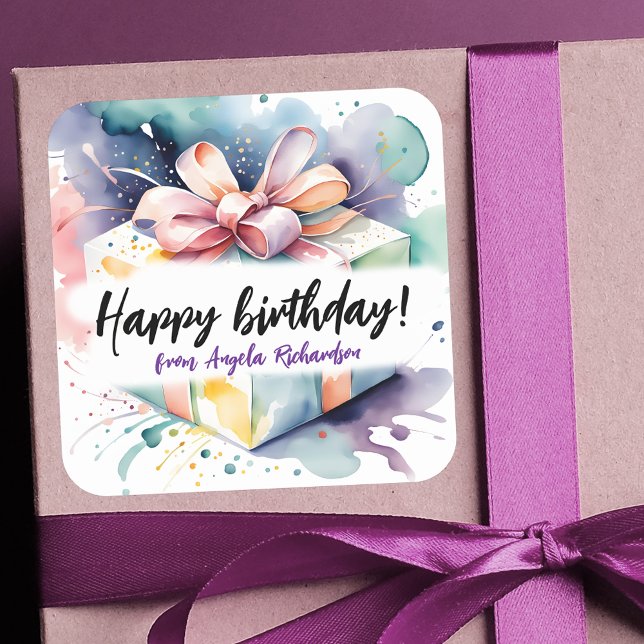 Vibrant Watercolor Birthday Gift Box with Pink Bow Square Sticker (Creator Uploaded)