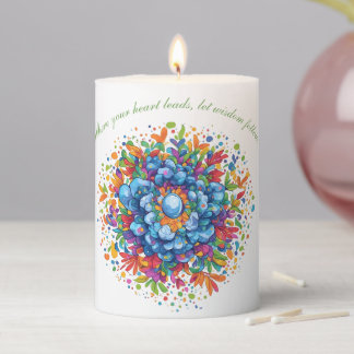 Vibrant Watercolor Blue Floral Bouquet Pillar Candle
