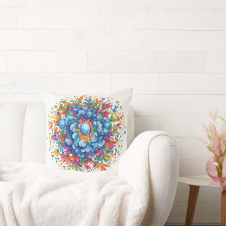Vibrant Watercolor Blue Floral Bouquet Throw Pillow