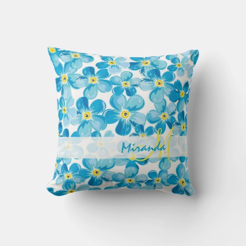 Vibrant watercolor blue forget me not flowers name throw pillow