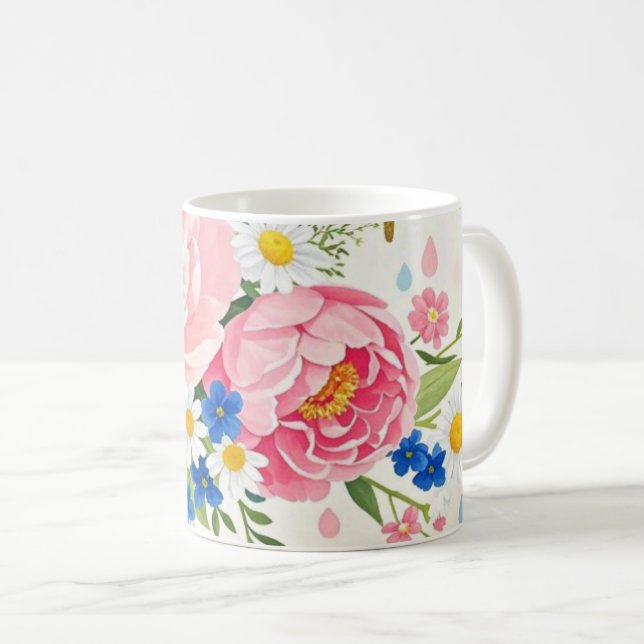 Vibrant watercolor bouquet of peonies, daisies coffee mug (Front Right)