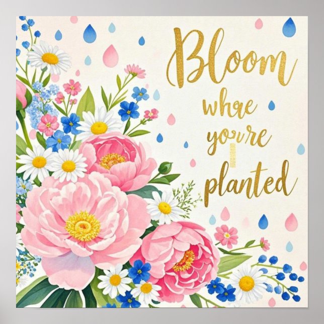 Vibrant watercolor bouquet of peonies, daisies poster (Front)